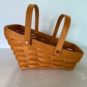 Vintage Handmade Longaberger Slanted Oblong Basket Folding‎ Handles Signed 1999